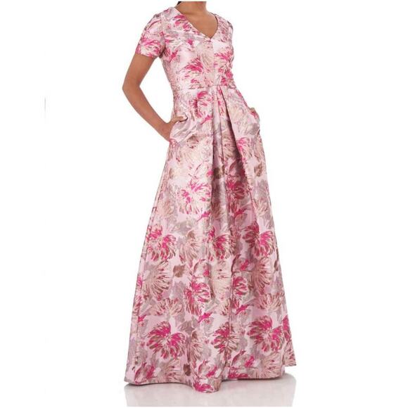 Kay Unger Rochelle V-Neck Metallic Floral Jacquard Gown Pink Women's 14 - Picture 1 of 16